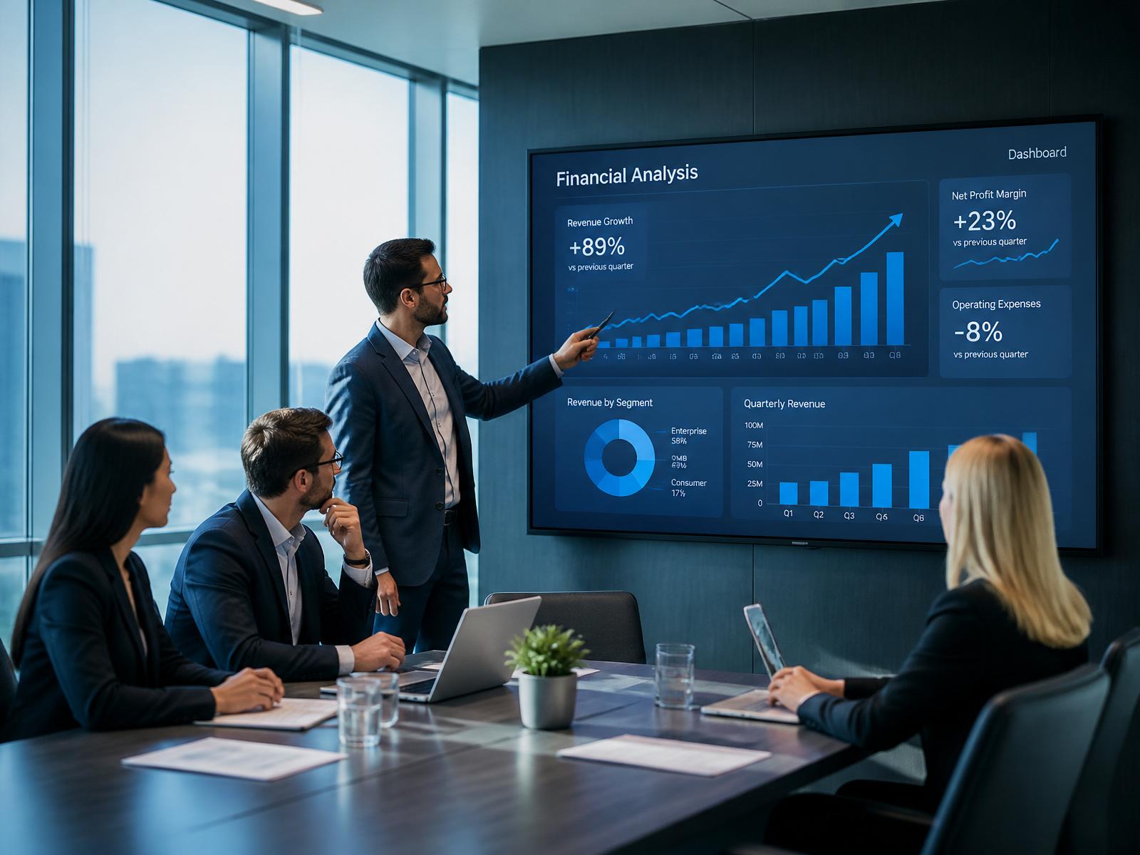 Team reviewing business growth analytics on a large screen